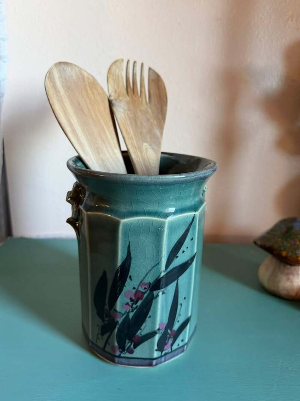 Artisan Teal Blue Crackle Glaze Pottery Vase with Hand Painted Floral Design